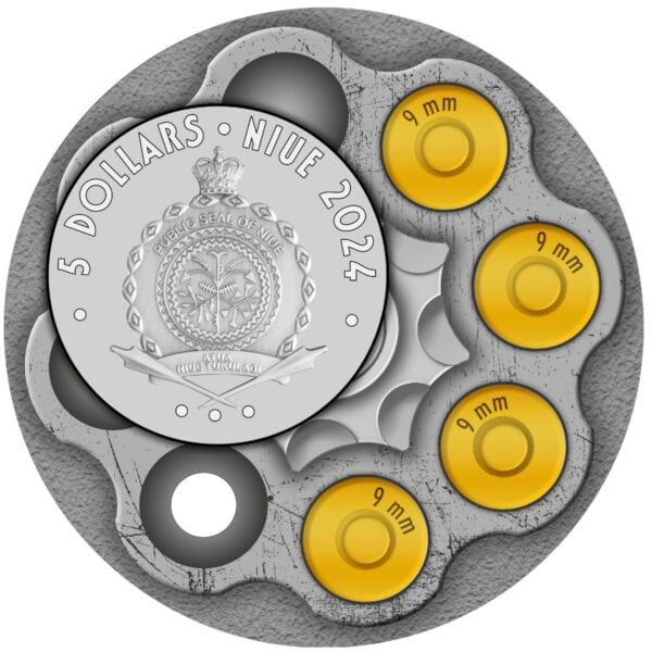 Reverse of 2024 Niue Gangsters Lucky Luciano Coin featuring high-relief revolver cylinder design with four gilded bullets and central emblem reading “5 DOLLARS NIUE 2024”