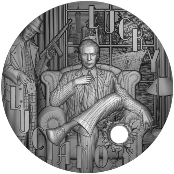 Obverse of 2024 Niue Gangsters Lucky Luciano Coin featuring high-relief portrait of man in suit seated with crossed legs, holding cigar; background includes lamp, bookshelf, and architectural details