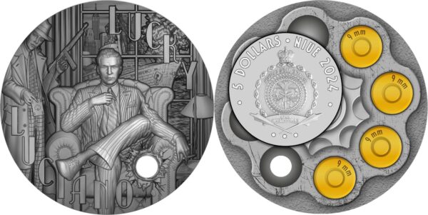 Front and back of 2024 Niue Gangsters Lucky Luciano Coin; obverse shows high-relief seated man in suit with cigar, reverse features revolver cylinder design with four gilded bullets and central crest.