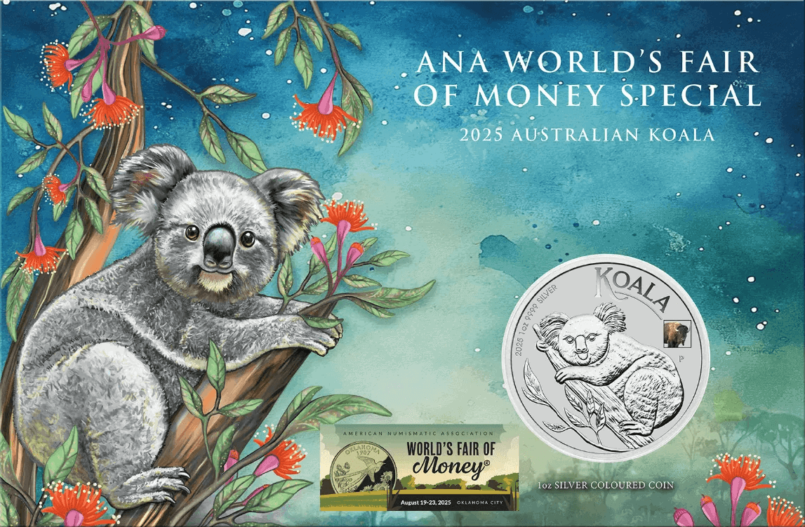 2025 Australia ANA Show Special Koala 1oz silver colorized coin with bison privy mark featuring koala on branch design Perth Mint Oklahoma City World's Fair of Money exclusive