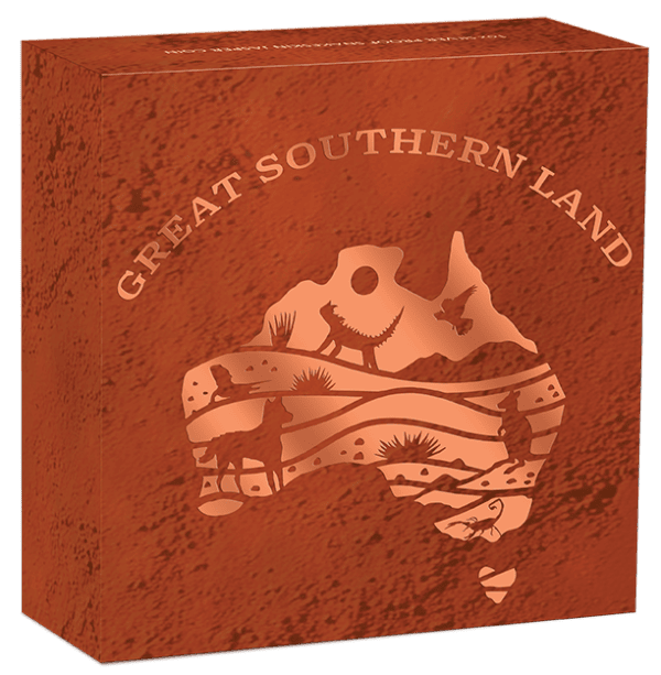 Collector box for 2025 Australia Great Southern Land silver coin featuring red design and stylized map of Australia.