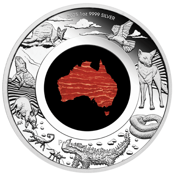 2025 Australia Great Southern Land silver coin featuring red map of Australia with native wildlife and landmarks.