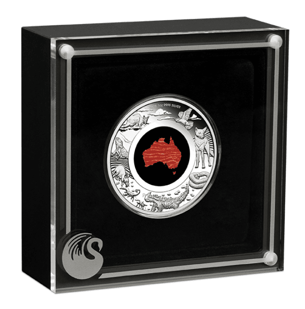 2025 Australia Great Southern Land silver coin with red Australian continent, presented in black display box.
