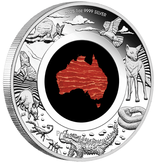 2025 Australia Great Southern Land silver coin with red Australian continent and native wildlife in detailed design.