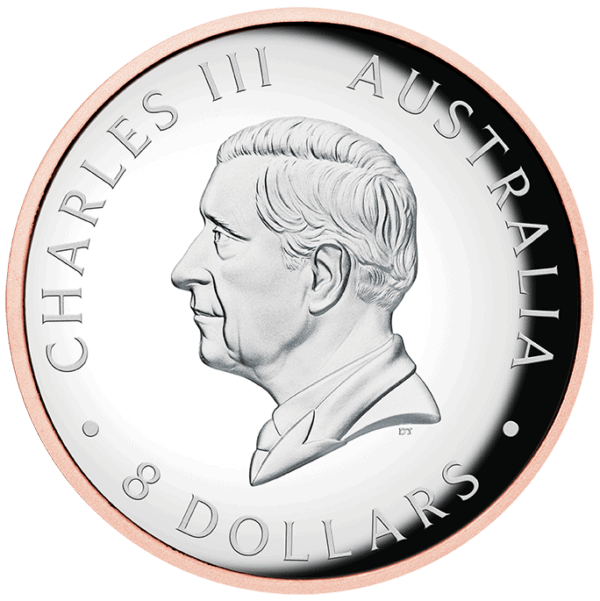 Reverse of 2025 Australia Koala 5 oz silver coin featuring King Charles III and 8 Dollar denomination.