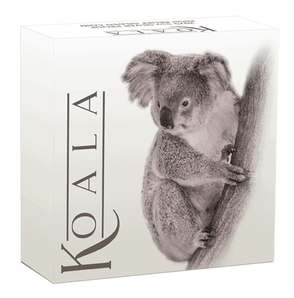 Collector box for 2025 Australia Koala 5 oz silver coin featuring illustrated koala and bold KOALA text.