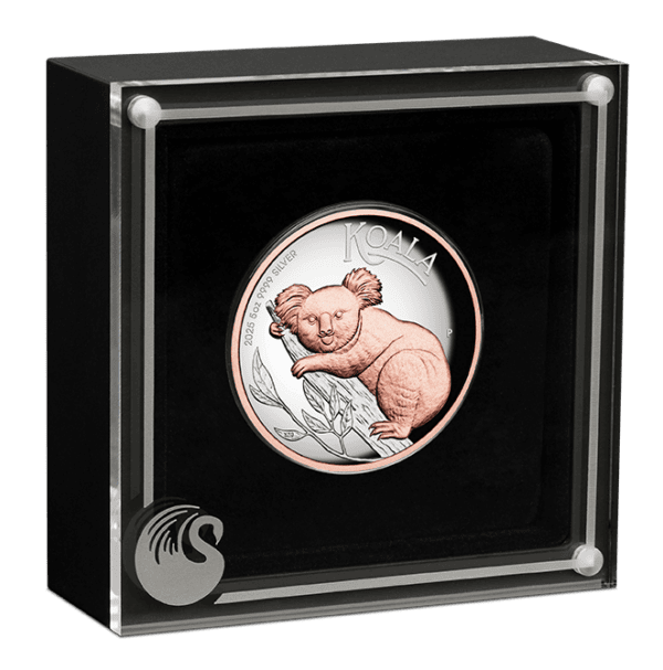 2025 Australia Koala 5 oz silver coin in open black display box with clear front.