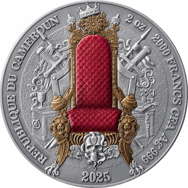 A close-up, back view of the 2025 Cameroon Legacy of the Greatest Empires French Empire 2 oz silver coin, showcasing the national coat of arms of Cameroon. A prominent feature is a red shield with the scales of justice and a sword.