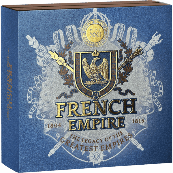 The blue collectible box for the 2025 Cameroon French Empire silver coin, featuring the coin's design on the lid.