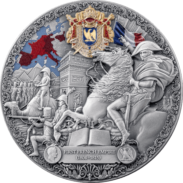 The front of a 2025 Cameroon 2 oz silver coin from the "Legacy of the Greatest Empires" series, featuring a detailed, antiqued design of the French Empire.