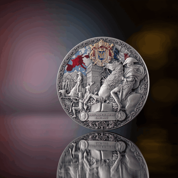 A close-up, front view of the 2025 Cameroon Legacy of the Greatest Empires French Empire 2 oz silver coin, featuring a detailed depiction of Napoleon Bonaparte on horseback. The coin is presented on a brown surface with a soft, blurred background.