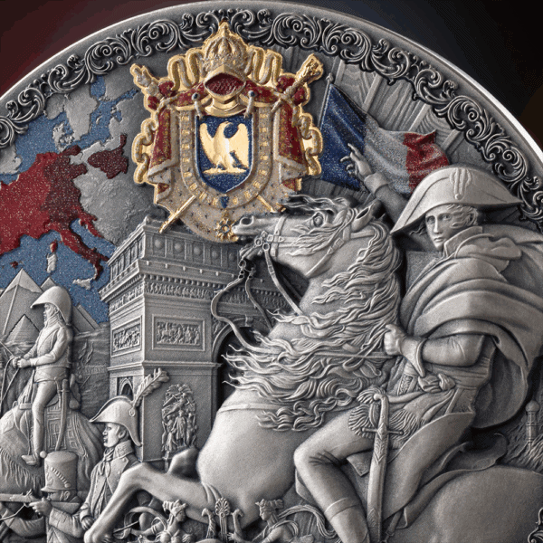 A close-up, front view of the 2025 Cameroon Legacy of the Greatest Empires French Empire 2 oz silver coin, showcasing a detailed depiction of Napoleon Bonaparte on horseback with other figures. The coin has an antiqued finish.