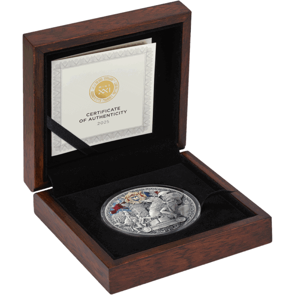 The 2025 Cameroon French Empire silver coin, presented in its opened, custom wooden display box.