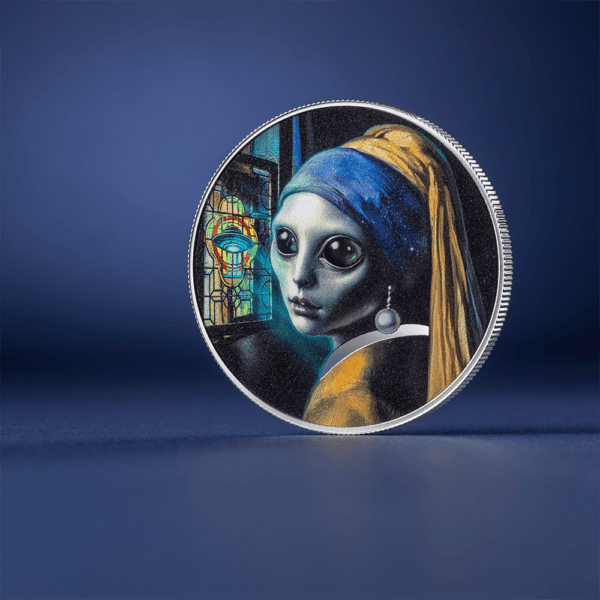 Obverse of 2025 Cameroon Strangers Among Us Coin featuring Vermeer’s Girl with a Pearl Earring and stained glass background; silver proof finish.