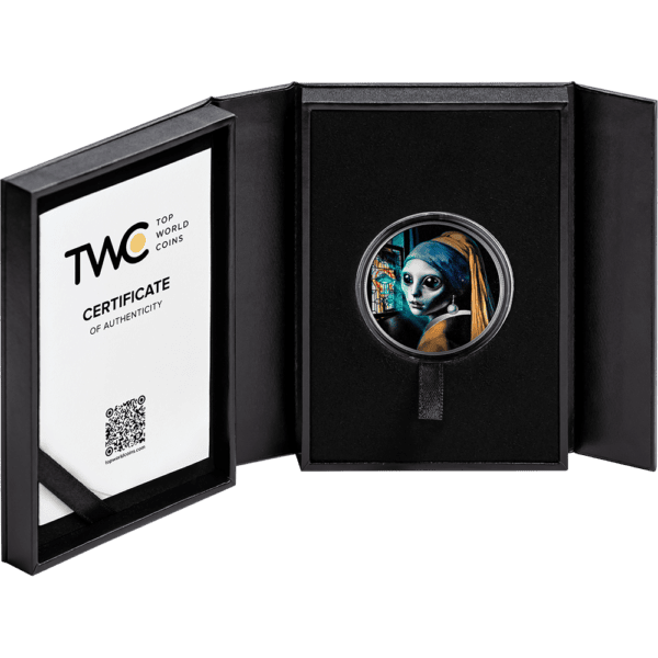 Open box display of the 2025 Cameroon Girl with a Pearl Earring 1 oz Silver Proof Coin featuring Vermeer-inspired portrait on coin and TWC certificate with QR code; coin and certificate housed in black presentation case.