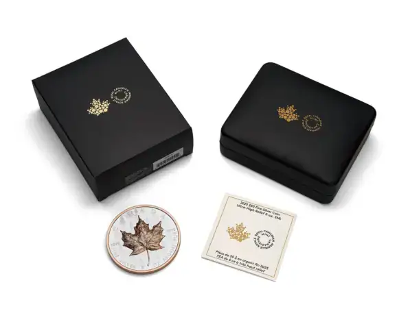 Luxurious black presentation box with gold Royal Canadian Mint logo for collectible silver coin.
