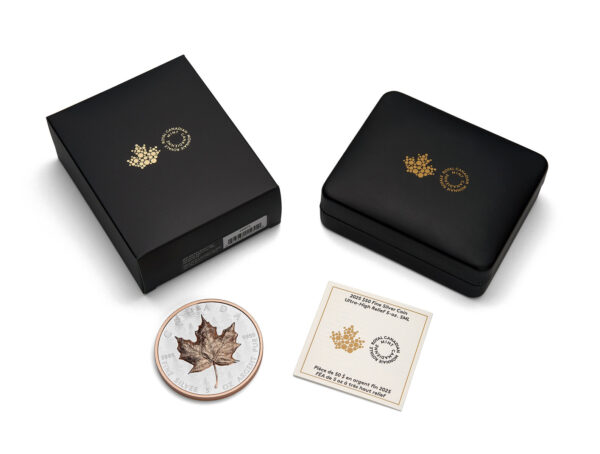 2025 Canada Maple Leaf Pine Tree 5 oz Silver High Relief Gilded Coin with presentation box and certificate of authenticity