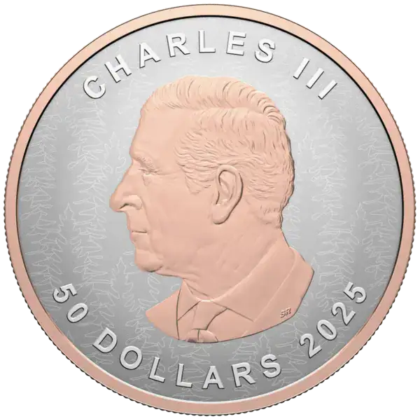 Portrait of Charles II, 50 Dollar coin, 2025, commemorative silver coin from the Bahamas featuring a detailed profile of the monarch.
