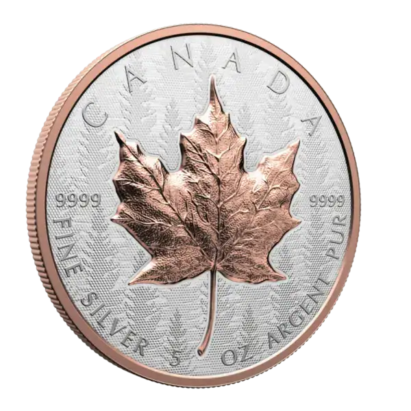 Fine Silver 5 Oz 2023 Canadian Maple Leaf coin with a detailed maple leaf design in rose gold tone.