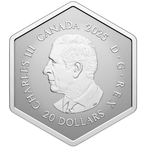 Reverse side of 2025 Canada 1oz silver hexagonal coin featuring King Charles III effigy and 20-dollar denomination