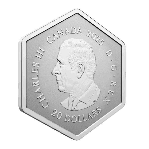 Side view of reverse side of 2025 Canadian 1oz silver hexagonal coin featuring King Charles III effigy and 20-dollar denomination