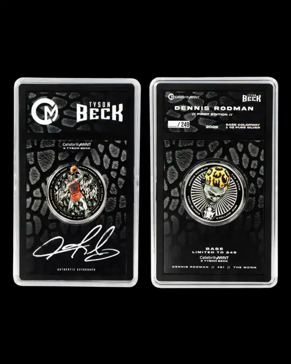 Packaged presentation of the 2025 Cook Islands Dennis Rodman x Tyson Beck 1 oz Silver Coin, featuring illustrated and text-detailed views.