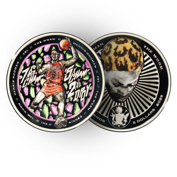 Obverse and reverse views of the 2025 Cook Islands Dennis Rodman x Tyson Beck 1 oz Silver Coin, featuring Rodman artwork and crowned portrait.