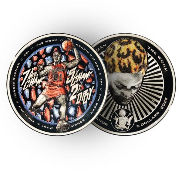 Obverse and reverse views of the 2025 Cook Islands Dennis Rodman x Tyson Beck 1 oz Silver Coin, featuring Rodman illustration and crowned skull design.