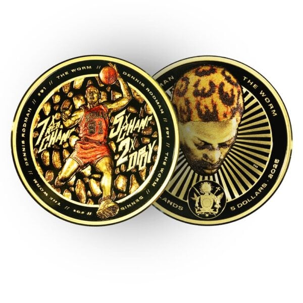 Obverse and reverse views of the 2025 Cook Islands Dennis Rodman x Tyson Beck 1 oz Silver Coin, featuring Rodman in uniform and crowned portrait.
