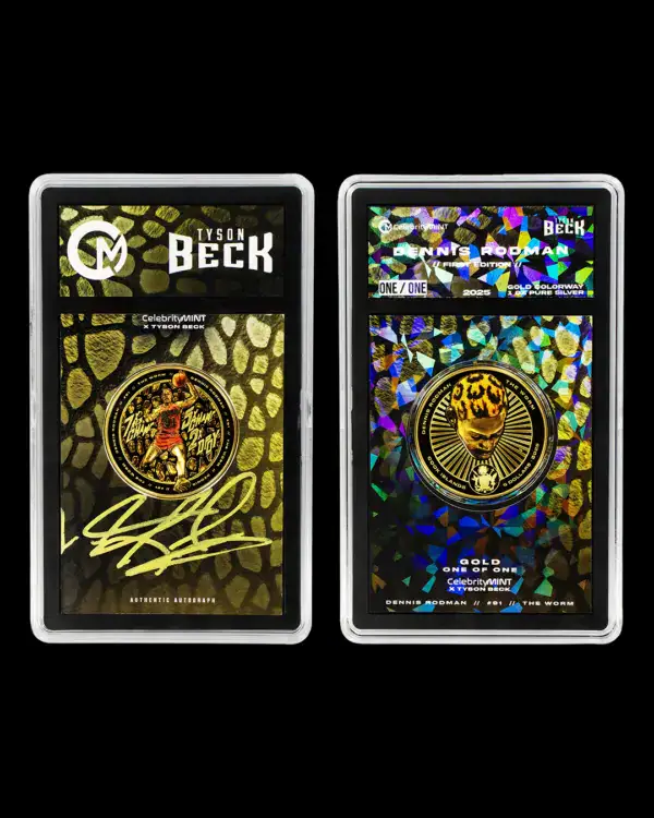 Two collectible cards for the 2025 Cook Islands Dennis Rodman x Tyson Beck 1 oz Silver Coin, featuring Rodman portrait and holographic coin design.