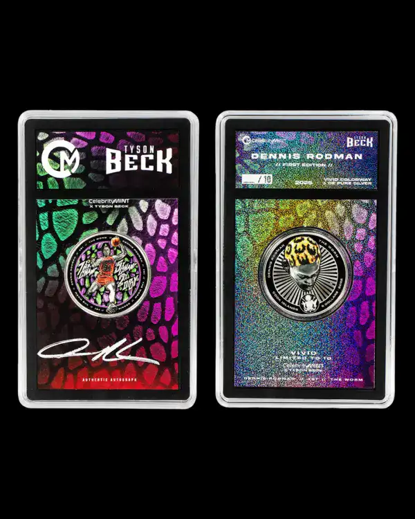 Two collectible cards for the 2025 Cook Islands Dennis Rodman x Tyson Beck 1 oz Silver Coin, featuring colorful backgrounds and coin-centered designs.