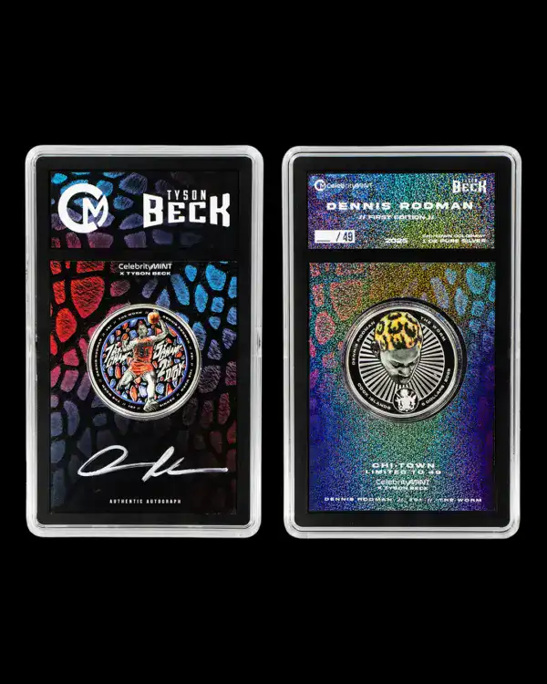 Two collectible coin cards for the 2025 Cook Islands Dennis Rodman x Tyson Beck 1 oz Silver Coin, featuring Rodman imagery, signature, and vibrant backgrounds.
