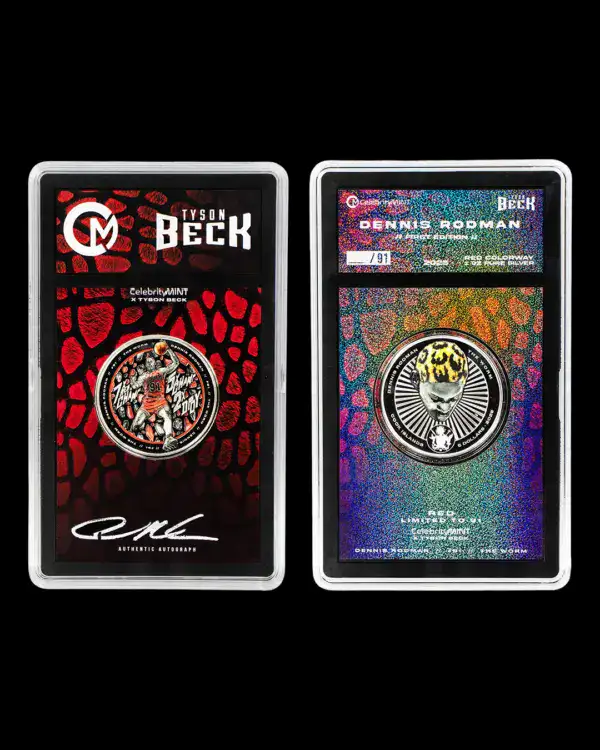 Two collectible coin cards for the 2025 Cook Islands Dennis Rodman x Tyson Beck 1 oz Silver Coin, featuring red and multicolored backgrounds with coin imagery.