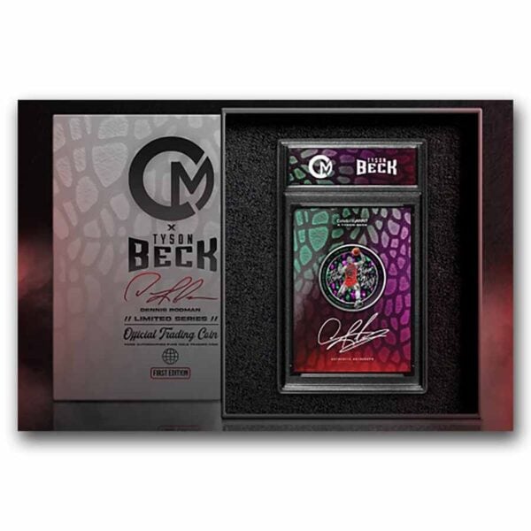 Open display of the 2025 Cook Islands Dennis Rodman x Tyson Beck 1 oz Silver Coin, featuring Beck branding and Rodman signature artwork.