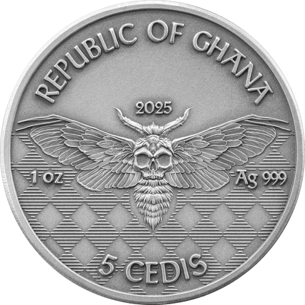 Reverse of 2025 Ghana Memento Mori Gangster 1 oz Silver Coin featuring “REPUBLIC OF GHANA,” winged skull design, year 2025, “1 OZ Ag 999,” and denomination “5 CEDIS.