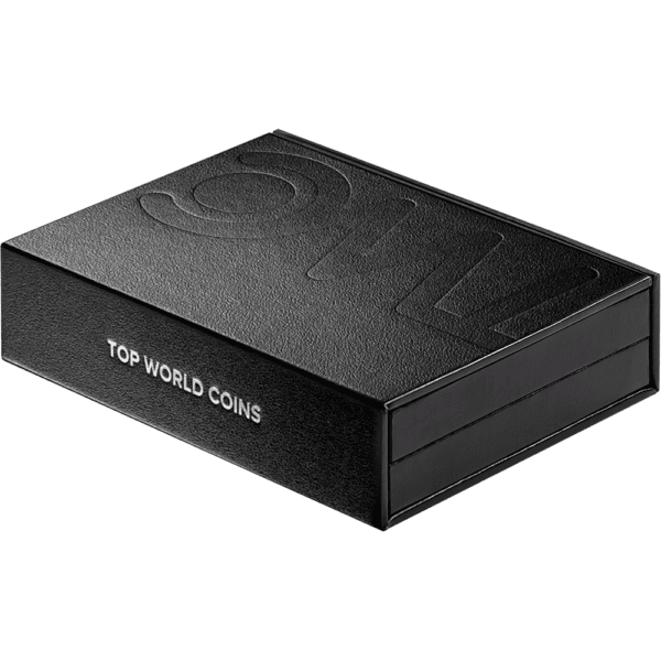 Black coin box with “THE WORLD’S COIN” printed on the side; packaging for 2025 Ghana Memento Mori Gangster 1 oz Silver collectible.