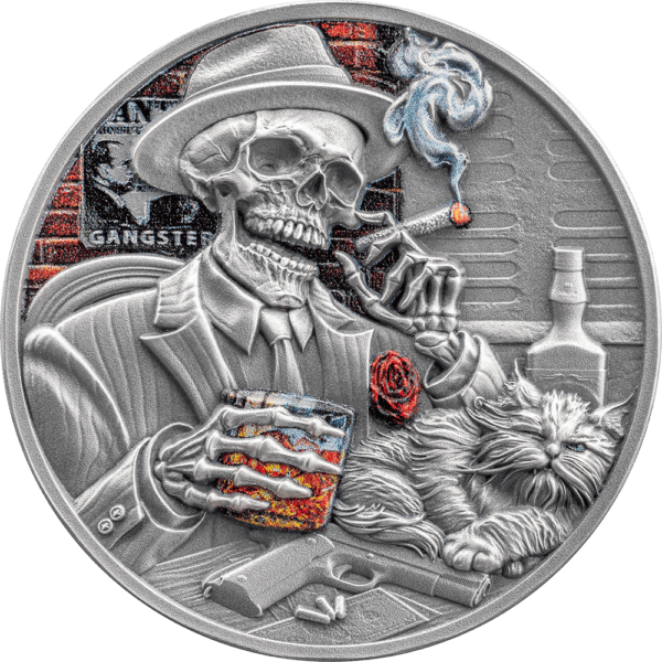 Front of 2025 Ghana Memento Mori Gangster 1 oz Silver Coin featuring skeleton gangster with hat, cigar, rose, cocktail, cat, and “GANGSTER” graffiti on brick wall.