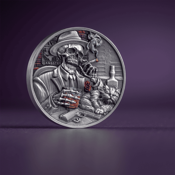 Obverse of 2025 Ghana Memento Mori Gangster 1 oz Silver Coin featuring colorized gangster with hat, playing cards, smoke, and gun; high-relief antiqued finish.