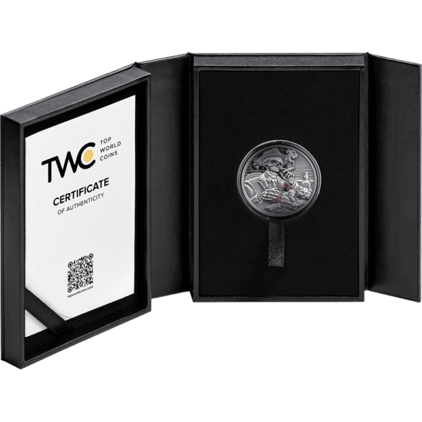 Open display box for 2025 Ghana Memento Mori Gangster Coin featuring black case, coin in center compartment, and “TWC CERTIFICATE” with QR code.
