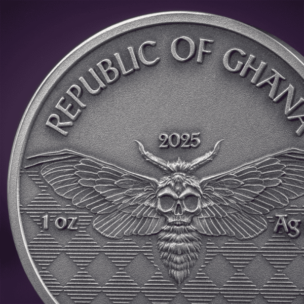 Zoomed reverse of 2025 Ghana Memento Mori Gangster Coin featuring skull-winged moth, “REPUBLIC OF GHANA,” “2025,” and “1 oz Ag”; high-relief antiqued silver.