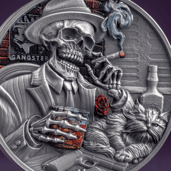 Zoomed obverse of 2025 Ghana Memento Mori Gangster Coin showing skeleton gangster with hat, cigar, rose lapel, cocktail glass, cityscape, and “GANGSTER” sign; high-relief colorized antiqued finish.