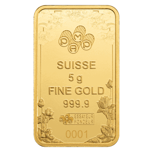 Back view of 5 gram gold bar with SUISSE hallmark, Yellow Dragon engraving, and serial number 0001