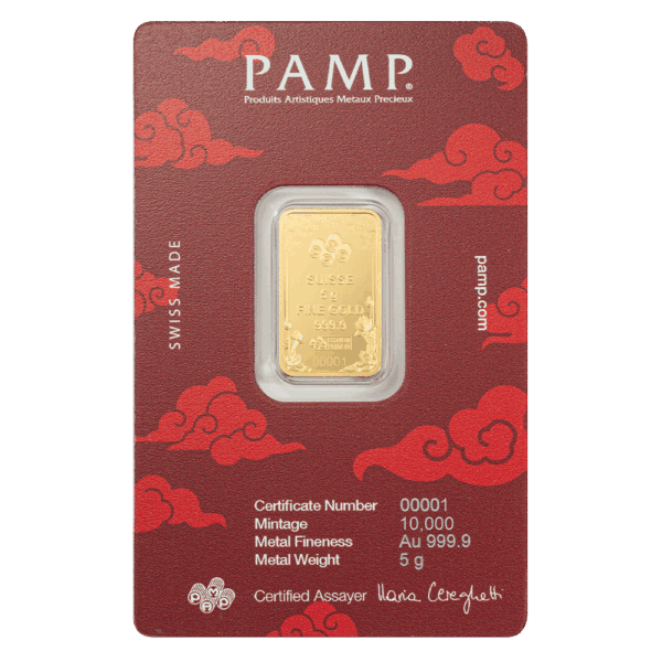 5 gram gold bar featuring a yellow dragon design in red decorative card with certificate details