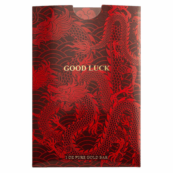 Back sleeve of gold bar packaging with red dragon design and 'GOOD LUCK' text