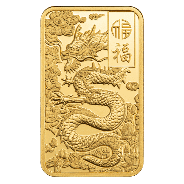 Front view of 5 gram gold bar featuring Yellow Dragon design with Chinese characters in decorative card.