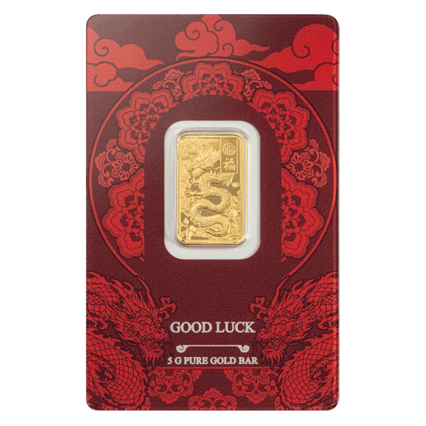 2025 5-gram Gold Proof-Like Bar featuring yellow dragon design in red ‘Good Luck’ card with intricate patterns