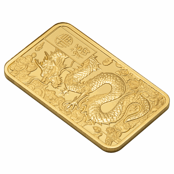 Detailed Yellow Dragon design on 5 gram gold bar with proof-like finish