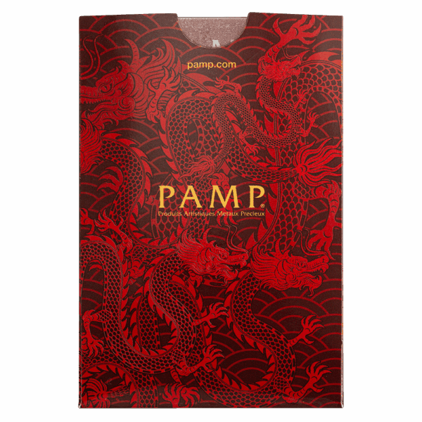 Front sleeve of gold bar packaging with red and gold dragon design and PAMP branding