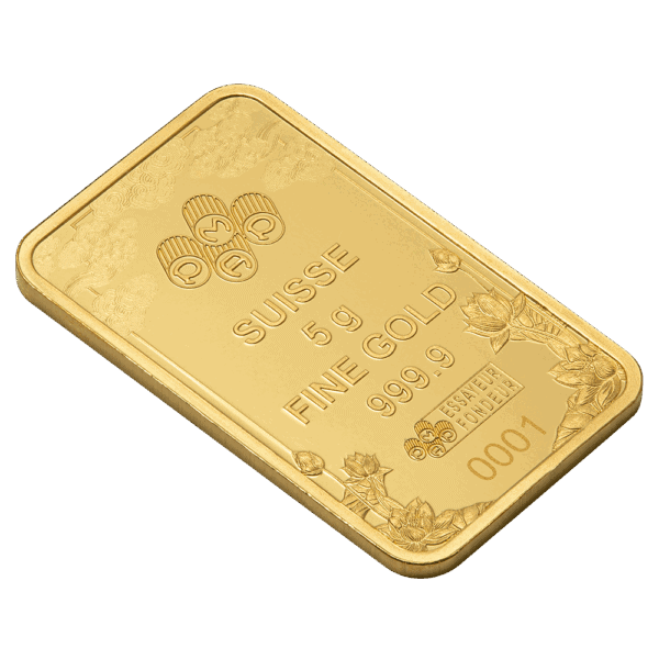 Back side of 5 gram gold bar with SUISSE hallmark, Yellow Dragon engraving, and serial number 0001