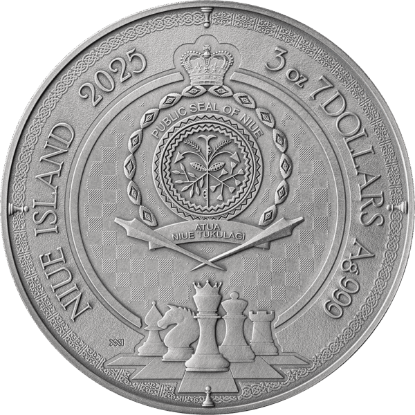 A close-up, back view of the 2025 Niue Chess Battle Kings Gambit 3 oz silver coin. The coin is shown with the coat of arms of Niue and includes inscriptions for the issuing country and face value.